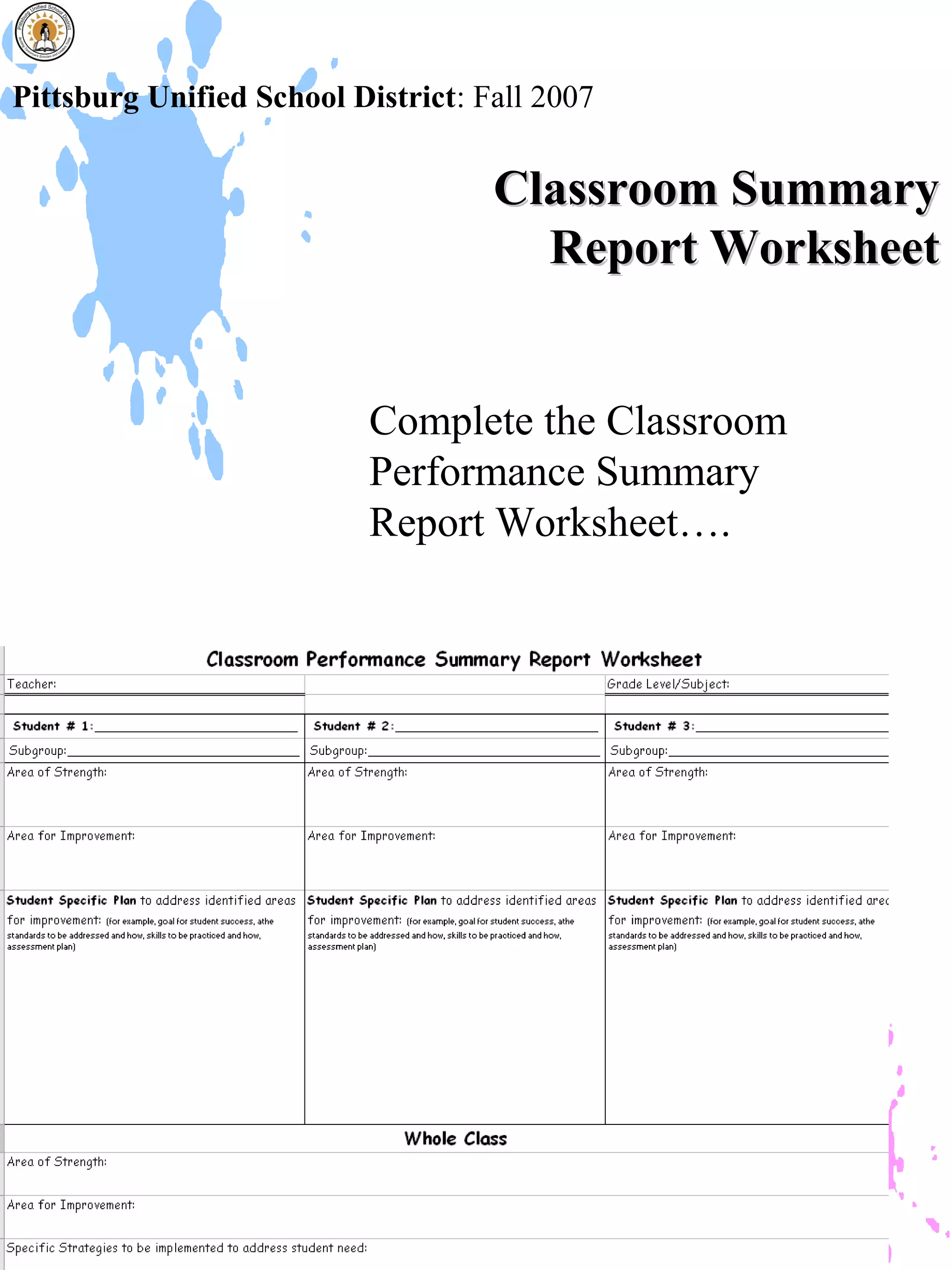 Pittsburg Unified School District: Fall 2007


                                    Classroom Summary
                                      Report Worksheet


                          Complete the Classroom
                          Performance Summary
                          Report Worksheet….
 