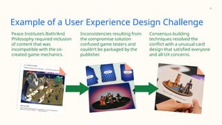 10
Example of a User Experience Design Challenge
Inconsistencies resulting from
the compromise solution
confused game testers and
couldn’t be packaged by the
publisher.
Peace Institute’s Both/And
Philosophy required inclusion
of content that was
incompatible with the co-
created game mechanics.
Consensus-building
techniques resolved the
conflict with a unusual card
design that satisfied everyone
and all UX concerns.
 