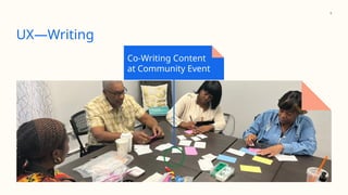 Co-Writing Content
at Community Event
8
UX—Writing
 