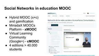 Social Networks in education MOOC
● Hybrid MOOC (x+c)
and gamification
● MiriadaX MOOCs
Platform - xMOOC
● Virtual Learning
Community
(Google+) - cMOOC
● 4 editions > 40.000
students
https://miriadax.net/web/aplicacion-de-las-redes-sociales-a-la-ensenanza-comunidades-virtuales-/
 