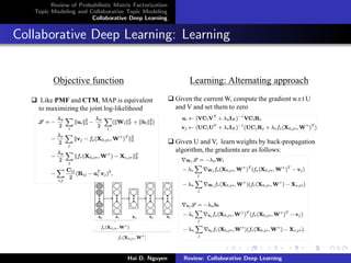 Review of Probabilistic Matrix Factorization
Topic Modeling and Collaborative Topic Modeling
Collaborative Deep Learning
Collaborative Deep Learning: Learning
Hai D. Nguyen Review: Collaborative Deep Learning
 