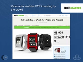 38 
Kickstarter enables P2P investing by 
the crowd 
 