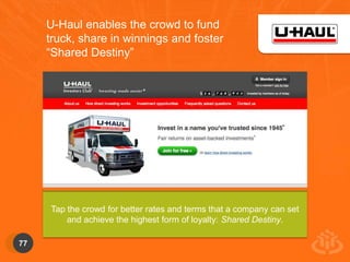 77 
U-Haul enables the crowd to fund 
truck, share in winnings and foster 
“Shared Destiny” 
Tap the crowd for better rates and terms that a company can set 
and achieve the highest form of loyalty: Shared Destiny. 
 