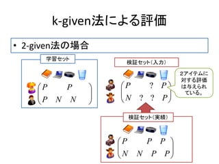 k-given法による評価
• 2-given法の場合






PPNN
PPP






NNP
PP






PN
PP
??
?
学習セット
２アイテムに
対する評価
は与えられ
ている。
検証セット（実績）
検証セット（入力）
 