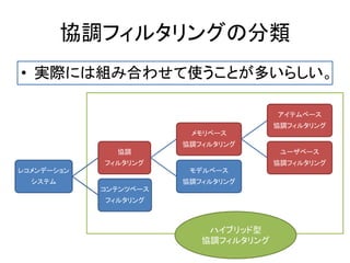 協調フィルタリングの分類
レコメンデーション
システム
協調
フィルタリング
メモリベース
協調フィルタリング
アイテムベース
協調フィルタリング
ユーザベース
協調フィルタリング
モデルベース
協調フィルタリング
コンテンツベース
フィルタリング
• 実際には組み合わせて使うことが多いらしい。
ハイブリッド型
協調フィルタリング
 