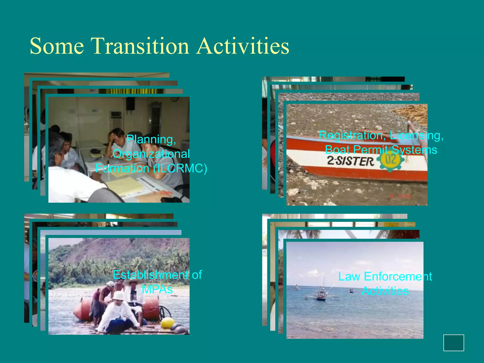 Some Transition Activities


           Planning,         Registration, Licensing,
         Organizational       Boat Permit Systems
      Formation (ILCRMC)




        Establishment of        Law Enforcement
             MPAs                  Activities
 
