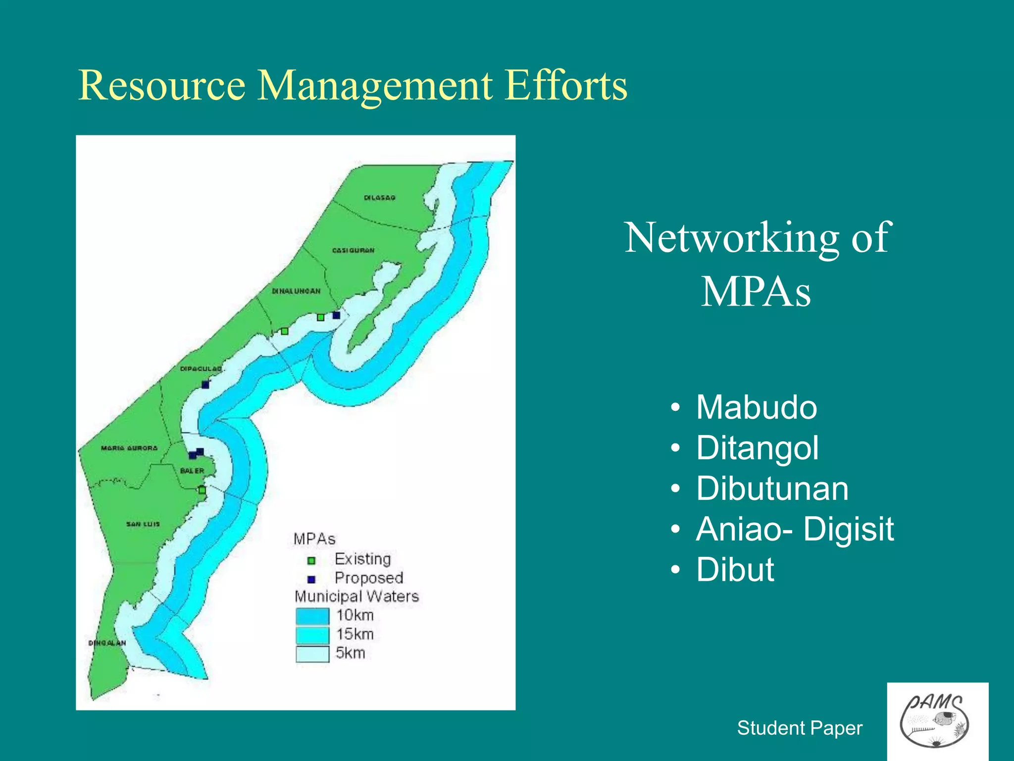 Resource Management Efforts


                          Networking of
                             MPAs

                              •   Mabudo
                              •   Ditangol
                              •   Dibutunan
                              •   Aniao- Digisit
                              •   Dibut



                                    Student Paper
 