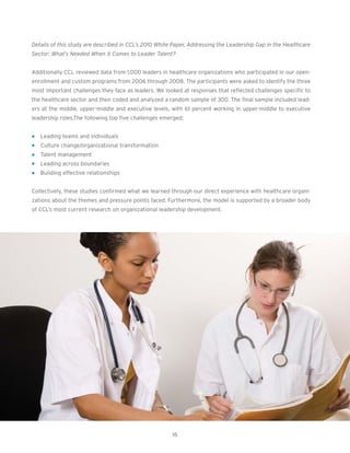 Details of this study are described in CCL’s 2010 White Paper, Addressing the Leadership Gap in the Healthcare
Sector: What’s Needed When it Comes to Leader Talent?


Additionally CCL reviewed data from 1,000 leaders in healthcare organizations who participated in our open-
enrollment and custom programs from 2006 through 2008. The participants were asked to identify the three
most important challenges they face as leaders. We looked at responses that reflected challenges specific to
the healthcare sector and then coded and analyzed a random sample of 300. The final sample included lead-
ers at the middle, upper-middle and executive levels, with 61 percent working in upper-middle to executive
leadership roles.The following top five challenges emerged:


   Leading teams and individuals
   Culture change/organizational transformation
   Talent management
   Leading across boundaries
   Building effective relationships


Collectively, these studies confirmed what we learned through our direct experience with healthcare organi-
zations about the themes and pressure points faced. Furthermore, the model is supported by a broader body
of CCL’s most current research on organizational leadership development.




                                                       16
 