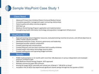 Sample WayPoint Case Study 1 
• 
Advanced Primary Care Initiative (Patient Centered Medical Home) 
• 
Innovative population management payer contracting relationships 
• 
Patient quality and safety incentive programs 
• 
ACO Start-up 
• 
Medicare Shared Savings Program application and implementation 
• 
Strengthening health information technology and population management infrastructure 
• 
Assessed existing clinical integration resources, evaluated existing incentive structures, and refined objectives to reflect market-specific priorities 
• 
Developed enterprise scope, structure, governance and leadership 
• 
Developed provider network composition 
• 
Created reporting tools and processes 
• 
Created Physician and care team incentives tied to quality initiatives 
• 
Created health information technology resource plans 
• 
Created staffing plans and operating budget estimates 
• 
PCMH implementation in 12 months with more than 100 physicians in various independent and employed practices certified to date 
• 
CMS Medicare Shared Savings Program ACO approved 
• 
Multiple commercial payer ACO contracts 
• 
Among the largest ACOs nationally and named one of Becker’s “100 ACOs to Know” 
• 
Included in the 29 ACOs that experienced significant shared savings through the first quarter of 2013 Confidential Working Draft 12 
Client Need 
WayPoint Work 
Results  