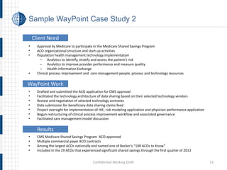 Sample WayPoint Case Study 2 
• 
Approval by Medicare to participate in the Medicare Shared Savings Program 
• 
ACO organizational structure and start up activities 
• 
Population health management technology implementation 
– 
Analytics to identify, stratify and assess the patient’s risk 
– 
Analytics to improve provider performance and measure quality 
– 
Health Information Exchange 
• 
Clinical process improvement and care management people, process and technology resources 
• 
Drafted and submitted the ACO application for CMS approval 
• 
Facilitated the technology architecture of data sharing based on their selected technology vendors 
• 
Review and negotiation of selected technology contracts 
• 
Data submission for beneficiary data sharing claims feed 
• 
Project oversight for implementation of HIE, risk modeling application and physician performance application 
• 
Begun restructuring of clinical process improvement workflow and associated governance 
• 
Facilitated care management model discussion 
• 
CMS Medicare Shared Savings Program ACO approved 
• 
Multiple commercial payer ACO contracts 
• 
Among the largest ACOs nationally and named one of Becker’s “100 ACOs to Know” 
• 
Included in the 29 ACOs that experienced significant shared savings through the first quarter of 2013 Confidential Working Draft 13 
Client Need 
WayPoint Work 
Results 
