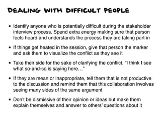 Dealing with difficult people
• Identify anyone who is potentially difﬁcult during the stakeholder
interview process. Spend extra energy making sure that person
feels heard and understands the process they are taking part in
• If things get heated in the session, give that person the marker
and ask them to visualize the conﬂict as they see it
• Take their side for the sake of clarifying the conﬂict. “I think I see
what so-and-so is saying here…”
• If they are mean or inappropriate, tell them that is not productive
to the discussion and remind them that this collaboration involves
seeing many sides of the same argument
• Don’t be dismissive of their opinion or ideas but make them
explain themselves and answer to others’ questions about it
 