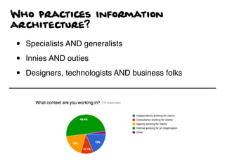 Who practices Information
architecture?
• Specialists AND generalists
• Innies AND outies
• Designers, technologists AND business folks
 