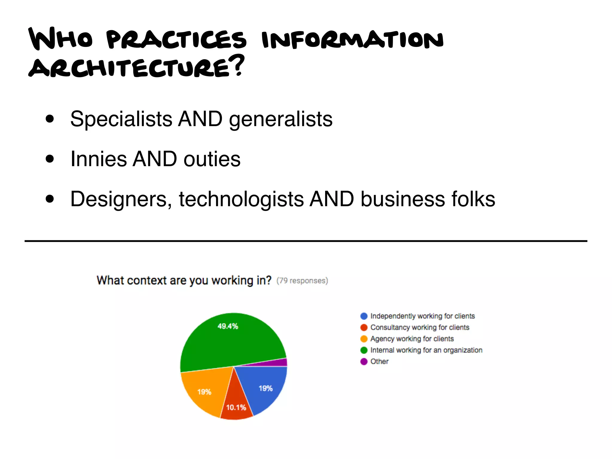 Who practices Information
architecture?
• Specialists AND generalists
• Innies AND outies
• Designers, technologists AND business folks
 