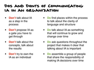 Dos and Donts of Communicating
Ia in an organization
• Don’t talk about IA
as a step in the
process
• Don’t propose IA as
...