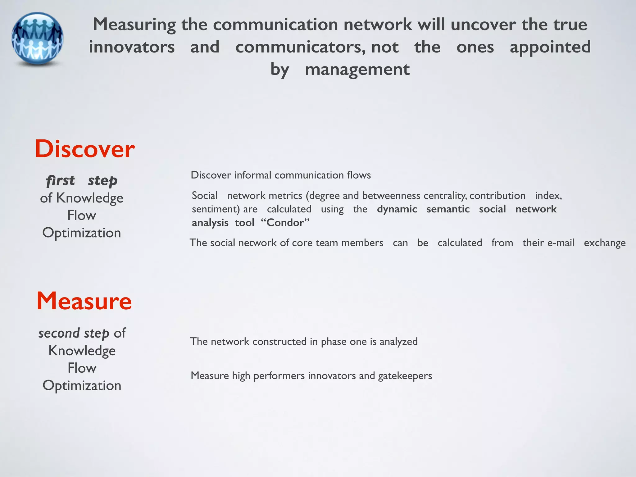 Measuring the communication network will uncover the true 
innovators and communicators, not the ones appointed 
Social network metrics (degree and betweenness centrality, contribution index, 
sentiment) are calculated using the dynamic semantic social network 
analysis tool “Condor” 
first step 
of Knowledge 
Flow 
Optimization 
Discover informal communication flows 
Measure high performers innovators and gatekeepers 
second step of 
Knowledge 
Flow 
Optimization 
by management 
The social network of core team members can be calculated from their e-mail exchange 
The network constructed in phase one is analyzed 
Discover 
Measure 
 