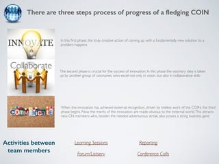 There are three steps process of progress of a fledging COIN 
In this first phase, the truly creative action of coming up with a fundamentally new solution to a 
problem happens 
The second phase is crucial for the success of innovation. In this phase the visionary idea is taken 
up by another group of visionaries, who excel not only in vision, but also in collaborative skills 
When the innovation has achieved external recognition, driven by tireless work of the COIN, the third 
phase begins. Now the merits of the innovation are made obvious to the external world. This attracts 
new CN members who, besides the needed adventurous streak, also posses a string business gene 
Activities between 
team members 
Learning Sessions 
Reporting 
Forum/Listserv Conference Calls 
Collaborate 
 