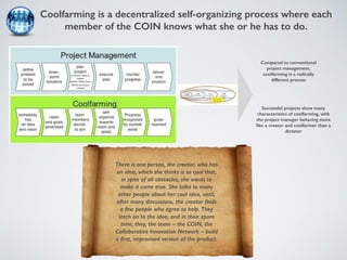 Coolfarming is a decentralized self-organizing process where each 
member of the COIN knows what she or he has to do. 
Compared to conventional 
project management, 
coolfarming is a radically 
different process 
Successful projects show many 
characteristics of coolfarming, with 
the project manager behaving more 
like a creator and coolfarmer than a 
dictator 
There is one person, the creator, who has 
an idea, which she thinks is so cool that, 
in spite of all obstacles, she wants to 
make it come true. She talks to many 
other people about her cool idea, until, 
after many discussions, the creator finds 
a few people who agree to help. They 
latch on to the idea, and in their spare 
time, they, the team – the COIN, the 
Collaborative Innovation Network – build 
a first, improvised version of the product. 
 