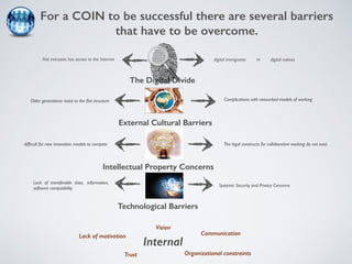 For a COIN to be successful there are several barriers 
that have to be overcome. 
digital Not everyone has access to the Internet immigrants vs digital natives 
The Digital Divide 
Older generations resist to the flat structure Complications with networked models of working 
External Cultural Barriers 
difficult for new innovation models to compete The legal constructs for collaborative working do not exist 
Intellectual Property Concerns 
Technological Barriers 
Internal 
Systemic Security and Privacy Concerns 
Lack of transferable data, information, 
software compatibility 
Trust 
Communication 
Vision 
Organizational constraints 
Lack of motivation 
 