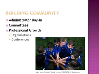Building CommunityAdministrator Buy-inCommitteesProfessional GrowthOrganizationsConferenceshttp://www.flickr.com/photos/wwworks/1384952210/in/photostream/