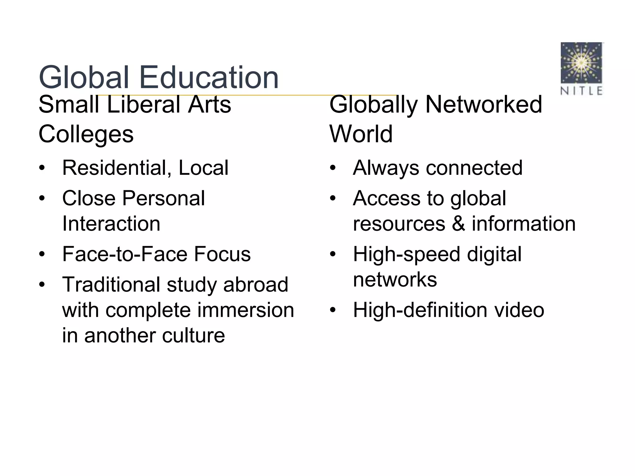 Global EducationSmall Liberal Arts CollegesResidential, LocalClose Personal Interaction Face-to-Face FocusTraditional study abroad with complete immersion in another cultureGlobally Networked WorldAlways connectedAccess to global resources & informationHigh-speed digital networksHigh-definition video