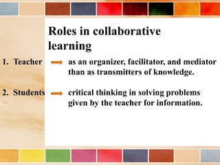 Roles in collaborative
learning
1. Teacher as an organizer, facilitator, and mediator
than as transmitters of knowledge.
2. Students critical thinking in solving problems
given by the teacher for information.
 