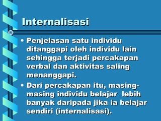 InternaliInternalissaassii
• Penjelasan satu individuPenjelasan satu individu
ditanggapi oleh individu lainditanggapi oleh individu lain
sehingga terjadi percakapansehingga terjadi percakapan
verbal dan aktivitas salingverbal dan aktivitas saling
menanggapi.menanggapi.
• Dari percakapan itu, masing-Dari percakapan itu, masing-
masing individu belajar lebihmasing individu belajar lebih
banyak daripada jika ia belajarbanyak daripada jika ia belajar
sendiri (internalisasi).sendiri (internalisasi).
 