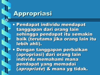 AppropriaAppropriassii
• Pendapat individu mendapatPendapat individu mendapat
tanggapan dari orang laintanggapan dari orang lain
sehingga pendapat itu semakinsehingga pendapat itu semakin
baik (terutama jika orang lain itubaik (terutama jika orang lain itu
lebih ahli).lebih ahli).
• Dengan tanggapan perbaikanDengan tanggapan perbaikan
(apropriasi) dari orang lain(apropriasi) dari orang lain
individu memahami manaindividu memahami mana
pendapat yang memadaipendapat yang memadai
((apropriateapropriate) & mana yg tidak.) & mana yg tidak.
 