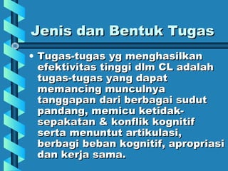 Jenis dan Bentuk TugasJenis dan Bentuk Tugas
• Tugas-tugas yg menghasilkanTugas-tugas yg menghasilkan
efektivitas tinggi dlm CL adalahefektivitas tinggi dlm CL adalah
tugas-tugas yang dapattugas-tugas yang dapat
memancing munculnyamemancing munculnya
tanggapan dari berbagai suduttanggapan dari berbagai sudut
pandang, memicu ketidak-pandang, memicu ketidak-
sepakatan & konflik kognitifsepakatan & konflik kognitif
serta menuntut artikulasi,serta menuntut artikulasi,
berbagi beban kognitif, apropriasiberbagi beban kognitif, apropriasi
dan kerja sama.dan kerja sama.
 