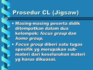 Prosedur CL (Jigsaw)Prosedur CL (Jigsaw)
• Masing-masing peserta didikMasing-masing peserta didik
ditempatkan dalam duaditempatkan dalam dua
kelompok:kelompok: focus groupfocus group dandan
home grouphome group..
• Focus groupFocus group diberi satu tugasdiberi satu tugas
spesifik yg merupakan sub-spesifik yg merupakan sub-
materi dari keseluruhan materimateri dari keseluruhan materi
yg harus dikuasai.yg harus dikuasai.
 