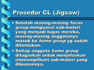 Prosedur CL (Jigsaw)Prosedur CL (Jigsaw)
• Setelah masing-masingSetelah masing-masing focusfocus
groupgroup menguasai sub-materimenguasai sub-materi
yang menjadi tugas mereka,yang menjadi tugas mereka,
masing-masing anggotanyamasing-masing anggotanya
masuk kemasuk ke home grouphome group yg sudahyg sudah
ditentukan.ditentukan.
• Setiap anggotaSetiap anggota home grouphome group
ditugaskan untuk menjelaskanditugaskan untuk menjelaskan
(menampilkan) sub-materi yang(menampilkan) sub-materi yang
dikuasainya.dikuasainya.
 