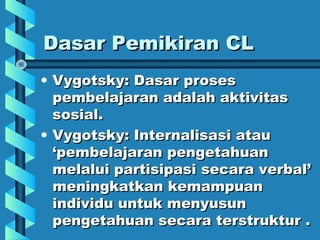 Dasar Pemikiran CLDasar Pemikiran CL
• Vygotsky: Dasar prosesVygotsky: Dasar proses
pembelajaran adalah aktivitaspembelajaran adalah aktivitas
sosial.sosial.
• Vygotsky: Internalisasi atauVygotsky: Internalisasi atau
‘pembelajaran pengetahuan‘pembelajaran pengetahuan
melalui partisipasi secara verbal’melalui partisipasi secara verbal’
meningkatkan kemampuanmeningkatkan kemampuan
individu untuk menyusunindividu untuk menyusun
pengetahuan secara terstruktur .pengetahuan secara terstruktur .
 