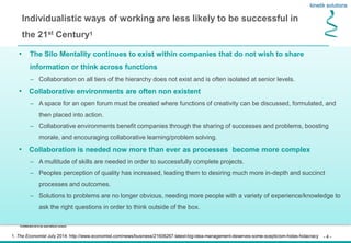 - 4 -
Confidential not to be used without consent
Individualistic ways of working are less likely to be successful in
the 21st Century1
• The Silo Mentality continues to exist within companies that do not wish to share
information or think across functions
– Collaboration on all tiers of the hierarchy does not exist and is often isolated at senior levels.
• Collaborative environments are often non existent
– A space for an open forum must be created where functions of creativity can be discussed, formulated, and
then placed into action.
– Collaborative environments benefit companies through the sharing of successes and problems, boosting
morale, and encouraging collaborative learning/problem solving.
• Collaboration is needed now more than ever as processes become more complex
– A multitude of skills are needed in order to successfully complete projects.
– Peoples perception of quality has increased, leading them to desiring much more in-depth and succinct
processes and outcomes.
– Solutions to problems are no longer obvious, needing more people with a variety of experience/knowledge to
ask the right questions in order to think outside of the box.
1. The Economist July 2014: http://www.economist.com/news/business/21606267-latest-big-idea-management-deserves-some-scepticism-holes-holacracy
 