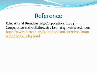 Reference
Educational Broadcasting Corporation. (2004).
Cooperative and Collaborative Learning. Retrieved from
http://www.thirteen.org/edonline/concept2class/coopc
ollab/index_sub3.html
 