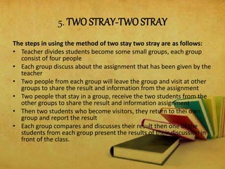 5. TWO STRAY-TWO STRAY
The steps in using the method of two stay two stray are as follows:
• Teacher divides students become some small groups, each group
consist of four people
• Each group discuss about the assignment that has been given by the
teacher
• Two people from each group will leave the group and visit at other
groups to share the result and information from the assignment
• Two people that stay in a group, receive the two students from the
other groups to share the result and information assignment
• Then two students who become visitors, they return to thei own
group and report the result
• Each group compares and discusses their result then one of the
students from each group present the results of their discussion in
front of the class.
 