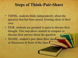Steps of Think-Pair-Share
• THINK, students think independently about the
question that has been posed, forming ideas of their
own.
• PAIR, students are grouped in pairs to discuss their
thought. This step alows student to compare or
discuus their answer about the question.
• SHARE, student’s pair share their ideas or conclusion
of discussion in front of the class.
 