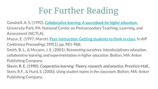 Goodsell, A. S. (1992). Collaborative learning: A sourcebook for higher education.
University Park, PA: National Center on Postsecondary Teaching, Learning, and
Assessment (NCTLA).
Mazur, E. (1997, March). Peer instruction: Getting students to think in class. In AIP
Conference Proceedings 399(1), pp. 981-988.
Smith, B. L., & Mccann, J. E. (2001). Reinventing ourselves: Interdisciplinary education,
collaborative learning, and experimentation in higher education. Bolton, MA: Anker
Publishing Company.
Slavin, R. E. (1990). Cooperative learning: Theory, research, and practice. Prentice-Hall,.
Stein, R.F., & Hurd, S. (2000). Using student teams in the classroom. Bolton, MA: Anker
Publishing Company.
For Further Reading
 
