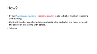 How?
• In the Piagetian perspective, cognitive conﬂict leads to higher levels of reasoning
and learning
• Contradiction between her existing understanding and what she hears or sees in
the course of interacting with others.
• Schema
 