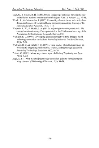 Journal of Technology Education Vol. 7 No. 1, Fall 1995
-74-
Vogt, G., & Holder, B. H. (1988). Myers-Briggs type indicator personality char-
acteristics of business teacher education majors. NABTE Review, 15, 39-41.
Weade, R., & Gritzmacher, J. (1987). Personality characteristics and curriculum
design preferences of vocational home economics educators. Journal of Vo-
cational Education Research, 12(2), 1-18.
Whipple, T. W., & Muffo, J. A. (1982). Adjusting for nonresponse bias: The
case of an alumni survey. Paper presented at the 22nd annual meeting of the
Association for Institutional Research, Denver, CO.
Wicklein, R. C. (1993). Developing goals and objectives for a process-based
technology education curriculum. Journal of Industrial Teacher Education,
30(3), 7-21.
Wicklein, R. C., & Schell, J. W. (1995). Case studies of multidisciplinary ap-
proaches to integrating mathematics, science, and technology education.
Journal of Technology Education, 6(2), 59-76.
Zeisset, C. (1989). Many ways to cut a pie. Bulletin of Psychological Type,
12(1), 7, 22.
Zuga, K. F. (1989). Relating technology education goals to curriculum plan-
ning. Journal of Technology Education, 1(1), 34-58.
 