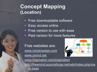 Concept Mapping 
(Location) 
• Free downloadable software 
• Easy access online 
• Free version to use with ease 
• Paid version for more features 
Free websites are: 
www.mindmeister.com 
www.xmind.net 
www.inspiration.com/inspiration 
http://freemind.sourceforge.net/wiki/index.php/ma 
in.page 
 