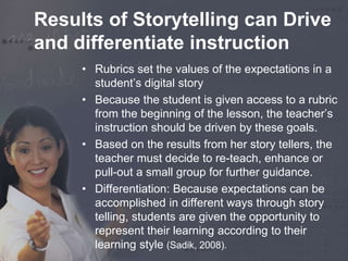 Results of Storytelling can Drive 
and differentiate instruction 
• Rubrics set the values of the expectations in a 
student’s digital story 
• Because the student is given access to a rubric 
from the beginning of the lesson, the teacher’s 
instruction should be driven by these goals. 
• Based on the results from her story tellers, the 
teacher must decide to re-teach, enhance or 
pull-out a small group for further guidance. 
• Differentiation: Because expectations can be 
accomplished in different ways through story 
telling, students are given the opportunity to 
represent their learning according to their 
learning style (Sadik, 2008). 
 