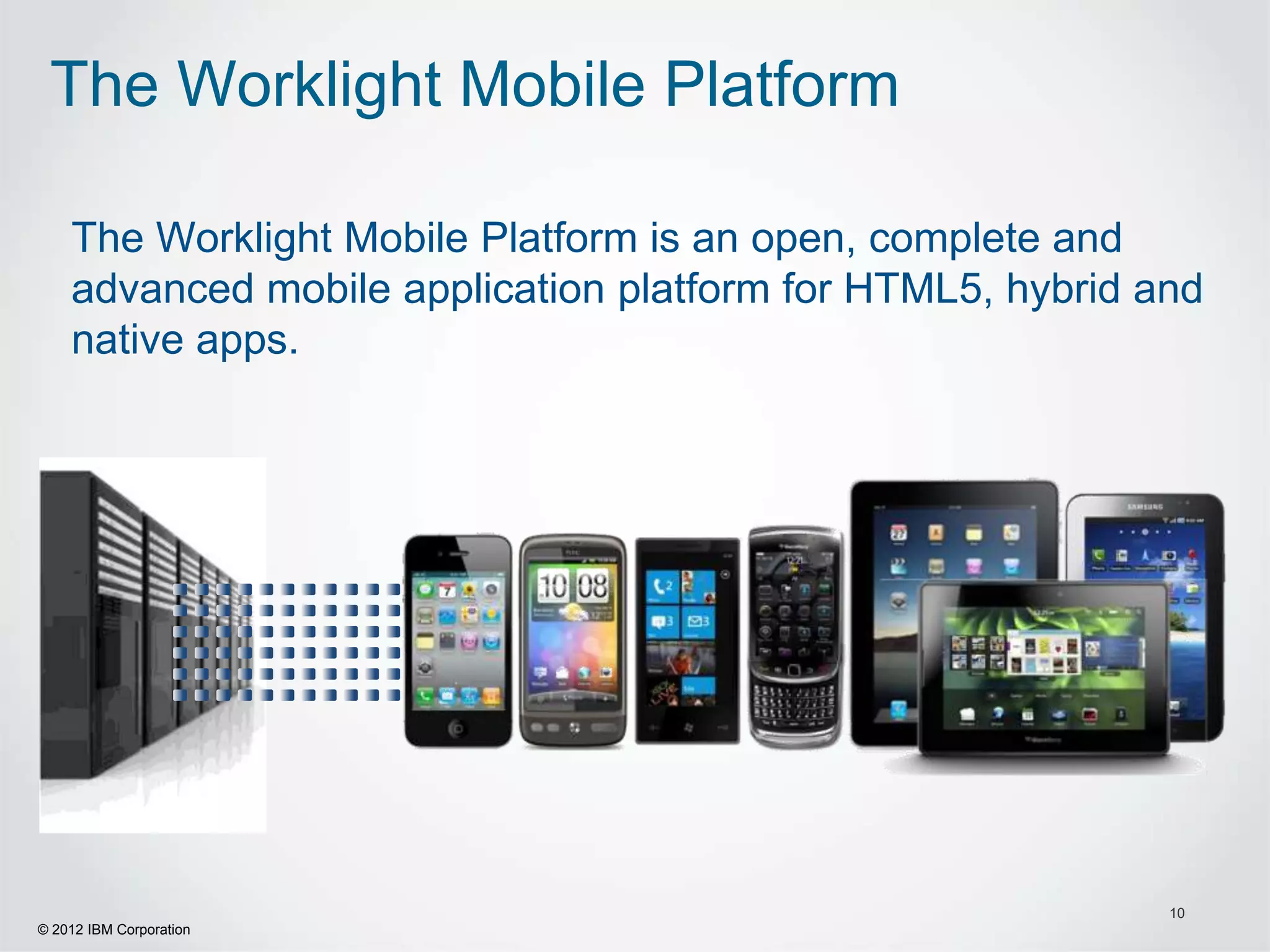 The Worklight Mobile Platform

    The Worklight Mobile Platform is an open, complete and
    advanced mobile application platform for HTML5, hybrid and
    native apps.




                                                            10
© 2012 IBM Corporation
 