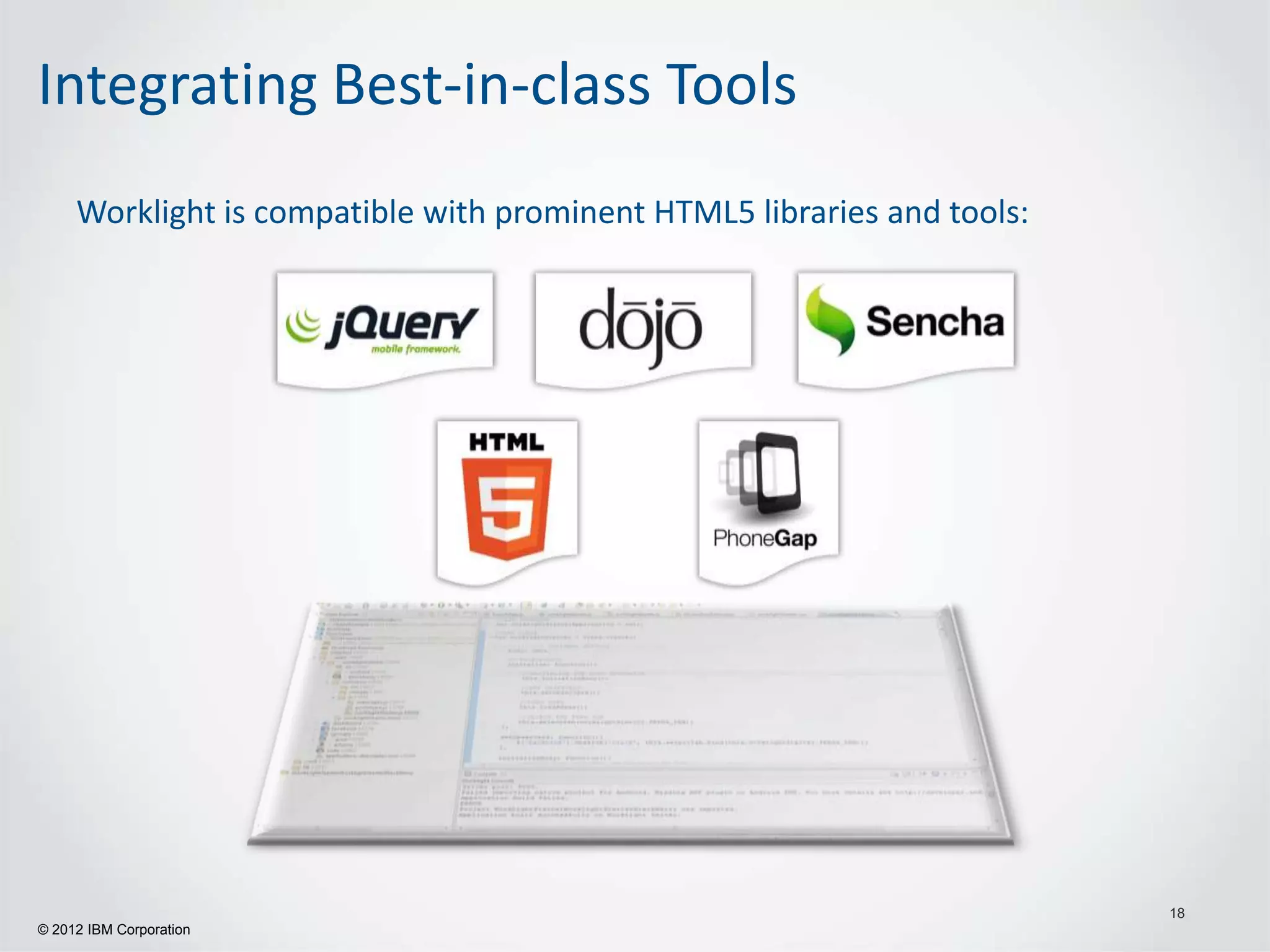 Integrating Best-in-class Tools
     Worklight is compatible with prominent HTML5 libraries and tools:




                                                                         18
© 2012 IBM Corporation
 