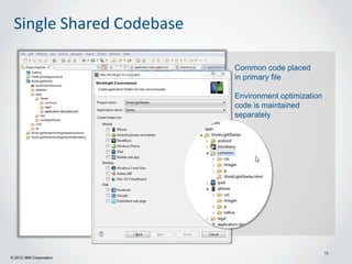 Single Shared Codebase

                          Common code placed
                          in primary file

                          Environment optimization
                          code is maintained
                          separately




                                                     16
© 2012 IBM Corporation
 