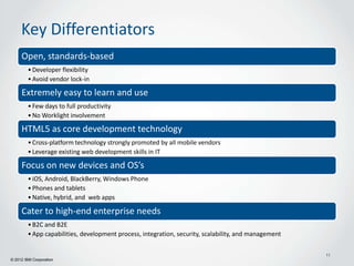 Key Differentiators
     Open, standards-based
        • Developer flexibility
        • Avoid vendor lock-in

     Extremely easy to learn and use
        • Few days to full productivity
        • No Worklight involvement

     HTML5 as core development technology
        • Cross-platform technology strongly promoted by all mobile vendors
        • Leverage existing web development skills in IT

     Focus on new devices and OS’s
        • iOS, Android, BlackBerry, Windows Phone
        • Phones and tablets
        • Native, hybrid, and web apps

     Cater to high-end enterprise needs
        • B2C and B2E
        • App capabilities, development process, integration, security, scalability, and management

                                                                                                      11
© 2012 IBM Corporation
 