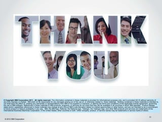 © Copyright IBM Corporation 2011. All rights reserved. The information contained in these materials is provided for informational purposes only, and is provided AS IS without warranty of
any kind, express or implied. IBM shall not be responsible for any damages arising out of the use of, or otherwise related to, these materials. Nothing contained in these materials is intended to,
nor shall have the effect of, creating any warranties or representations from IBM or its suppliers or licensors, or altering the terms and conditions of the applicable license agreement governing
the use of IBM software. References in these materials to IBM products, programs, or services do not imply that they will be available in all countries in which IBM operates. Product release
dates and/or capabilities referenced in these materials may change at any time at IBM’s sole discretion based on market opportunities or other factors, and are not intended to be a commitment
to future product or feature availability in any way. IBM, the IBM logo, Rational, the Rational logo, Telelogic, the Telelogic logo, and other IBM products and services are trademarks of the
International Business Machines Corporation, in the United States, other countries or both. Other company, product, or service names may be trademarks or service marks of others.


                                                                                                                                                                                        33
 © 2012 IBM Corporation
 