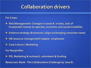 Collaboration drivers For Corps: Risk Management: Changes in taxes &  in laws, lack of trust/public license to operate, economic and social instability  Enhance strategy &revenues ( align w/changing consumer taste) HR resource management-happier  employees Corp Culture / Marketing For Nonprofits: PR, Marketing & outreach, volunteers & funding Resources: Book - The Collaboration Challenge by Jane B.. 