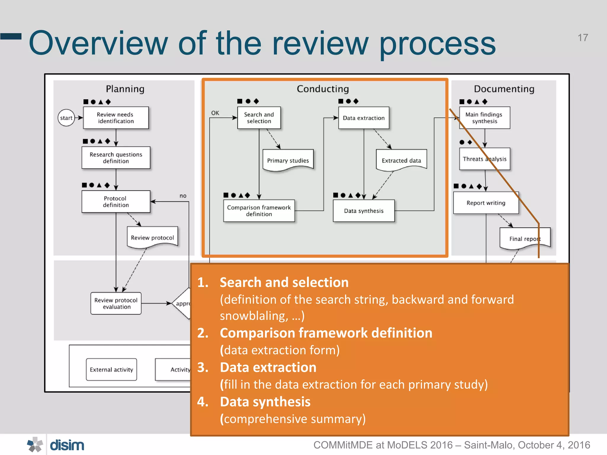 COMMitMDE at MoDELS 2016 – Saint-Malo, October 4, 2016 17 Overview of the review process http://tinyurl.com/glv7bg5 1. Search and selection (definition of the search string, backward and forward snowblaling, …) 2. Comparison framework definition (data extraction form) 3. Data extraction (fill in the data extraction for each primary study) 4. Data synthesis (comprehensive summary) 