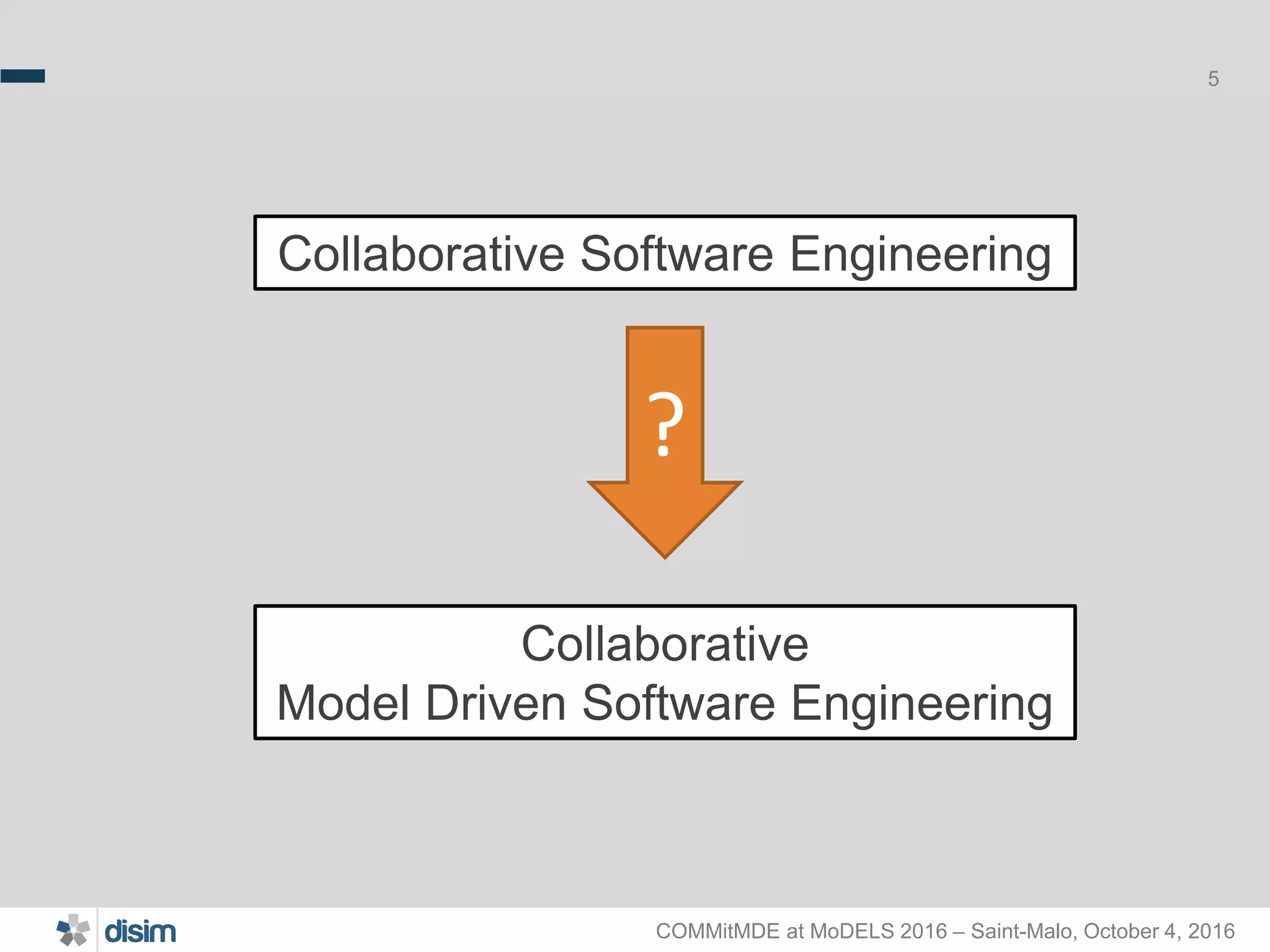 COMMitMDE at MoDELS 2016 – Saint-Malo, October 4, 2016 5 Collaborative Software Engineering Collaborative Model Driven Software Engineering ? 