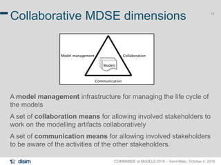 COMMitMDE at MoDELS 2016 – Saint-Malo, October 4, 2016
13
Collaborative MDSE dimensions
A model management infrastructure for managing the life cycle of
the models
A set of collaboration means for allowing involved stakeholders to
work on the modelling artifacts collaboratively
A set of communication means for allowing involved stakeholders
to be aware of the activities of the other stakeholders.
 