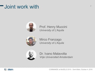 COMMitMDE at MoDELS 2016 – Saint-Malo, October 4, 2016
2
Joint work with
Prof. Henry Muccini
University of L’Aquila
Dr. Ivano Malavolta
Vrije Universiteit Amsterdam
Mirco Franzago
University of L’Aquila
 